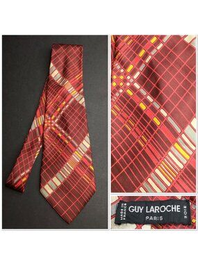 Vintage Guy Laroche Paris Mens Silk Tie Red Geometric Pattern Made France